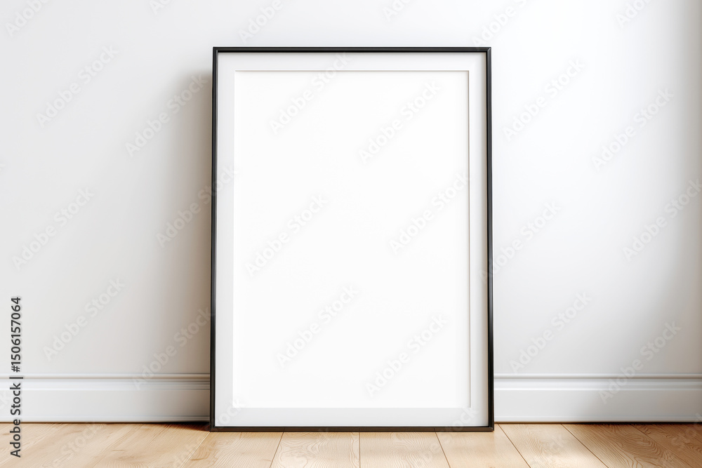 A black poster frame mock-up on a wooden floor against a white wall A black poster frame mock-up on a wooden floor against a white wall