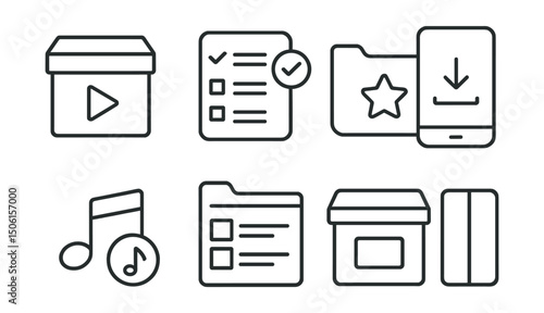 Line style icons of entertainment and media: media archive icon, saved show list, favorites folder badge, download for later screen, offline playlist symbol, queue to watch icon, archive video box,