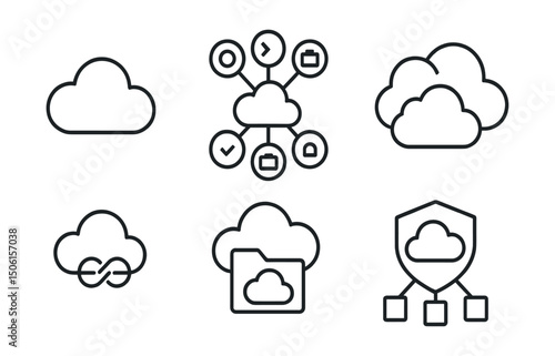 Line style icons of cloud computing: central cloud icon, connected apps ring, service status dot, hybrid cloud symbol, private cloud folder, multi-cloud link, public cloud badge, virtual resource