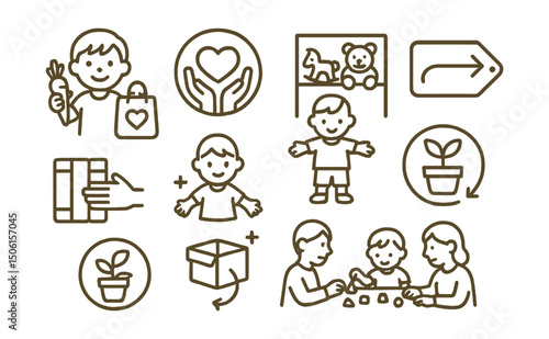 Line style icons of conscious consumption: child-friendly consumption icon, teach values badge, toy library symbol, pass-it-on tag, shared books icon, kid with less icon, grow with it badge, family