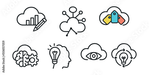 Line style icons of cloud computing: creativity with data icon, abstract network sketch, colorful tag cluster, idea + logic blend badge, brainstorm for automation, visual thinking in cloud,