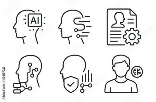 Line style icons of artificial intelligence: AI-enhanced profile view, dynamic profile data icon, personalized resume by AI, role-matching module, skills to profile match, custom settings screen with