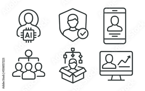 Line style icons of artificial intelligence: AI-powered user icon, personalized interaction badge, adaptive interface screen, user segmentation by ML, custom flow based on behavior, profile learning