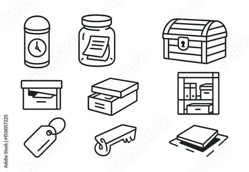 Line style icons of family memory archive: time capsule icon, sealed memory jar, hidden drawer symbol, attic treasure box, shoe box of notes, memory storage shelf, vintage key tag, secret place icon.