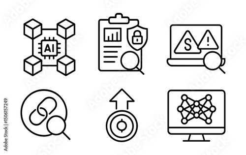 Line style icons of artificial intelligence: blockchain and AI combo, secure record analyzer icon, transaction fraud detector, chain behavior analysis badge, token trend engine, smart ledger audit,