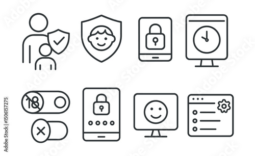 Line style icons of entertainment and media: parental control icon, child-safe content badge, rating lock symbol, screen time limiter, age filter toggle, PIN-protected section, kids mode screen,