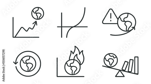 Line style icons of climate vocabulary: climate tipping point icon, red line threshold, no-return path symbol, irreversible change alert, feedback loop chart, runaway climate effect, unstable Earth