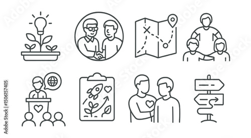 Line style icons of social entrepreneurship: incubator space icon, mentor and founder badge, accelerator stage map, peer support network, social pitch event icon, growth plan with mission, coaching