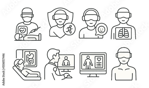 Line style icons of healthcare technology: VR surgery icon, immersive health training badge, virtual therapy headset, anatomy in VR layout, patient education in VR, remote diagnosis in 3D, simulation