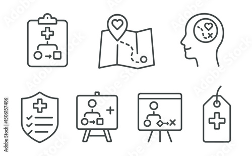Line style icons of healthcare technology: healthcare strategy icon, roadmap to recovery, patient experience map, improvement plan badge, health service planning board, decision framework flow,