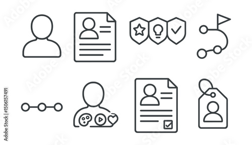 Line style icons of online education: student profile icon, learner biography page, skill badges icon, journey summary symbol, learning timeline with points, profile with interests, course history