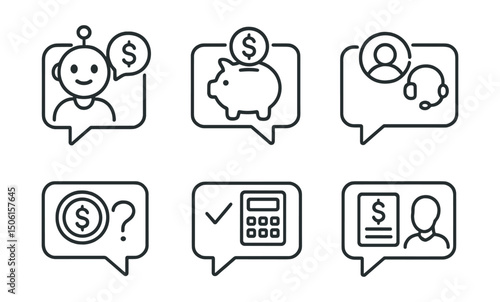 Line style icons of personal finance: financial chat assistant icon, savings suggestion message, support chat window, question about spending, smart reply for budget help, transaction chat popup,