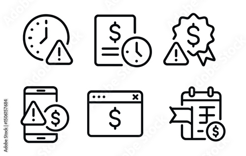 Line style icons of personal finance: deadline icon, bill due clock, urgent payment badge, last-minute transaction alert, budgeting window closing symbol, calendar with red flag, overdue summary