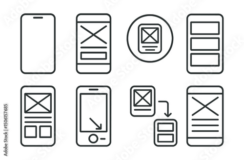 Line style icons of mobile app development: wireframe phone icon, layout skeleton view, low-fidelity design badge, element boxes on screen, grayscale structure UI, interaction mock screen, basic app