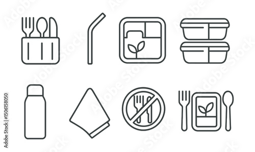 Line style icons of food and drink: reusable utensils icon, metal straw icon, lunchbox with dividers, meal prep containers, thermos bottle, cloth napkin, no plastic cutlery, eco meal setup.