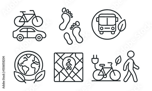 Line style icons of nature and ecology: bike over car icon, footstep trail symbol, public transit eco icon, electric car plug-in, low impact travel badge, walkable city map, shared bike stand, green