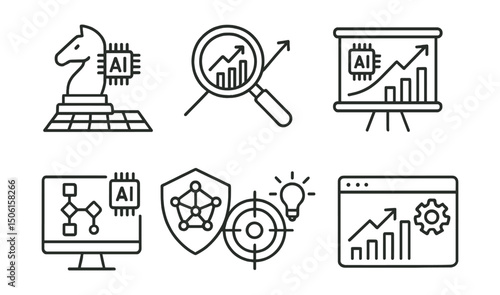 Line style icons of artificial intelligence: business strategy with AI, market insight icon, AI-driven forecast board, strategic modeling badge, opportunity detection screen, smart target planner,