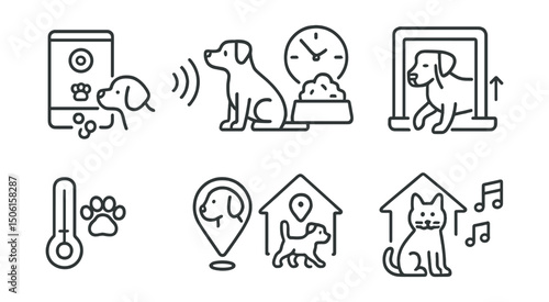 Line style icons of smart home technology: pet camera with treat dispenser, motion alert for pets, feeding schedule icon, pet door automation, temperature for pets, indoor pet tracker, pet zone