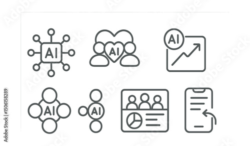 Line style icons of artificial intelligence: social network with AI, relationship pattern engine, smart follower tag, social trends predictor, interest clustering badge, community insights dashboard,