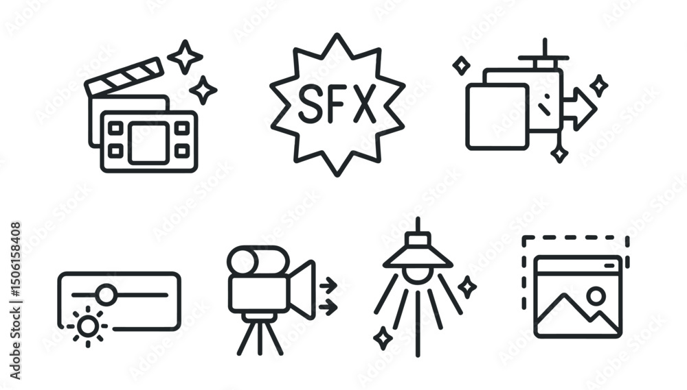 Line style icons of entertainment and media: cinematic effects icon, special FX badge, visual transition tag, dramatic lighting symbol, mood setting slider, camera motion sketch, post-production Line style icons of entertainment and media: cinematic effects icon, special FX badge, visual transition tag, dramatic lighting symbol, mood setting slider, camera motion sketch, post-production