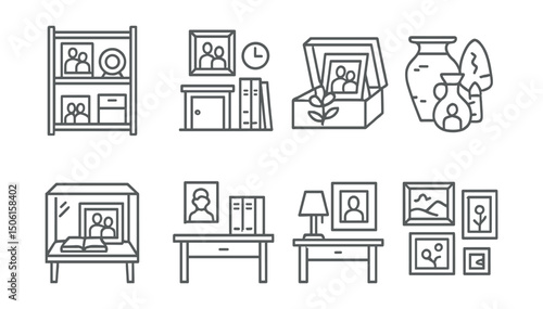 Line style icons of family memory archive: family museum shelf, home archive corner, curated memory box, family artifacts icon, glass display case, personal history station, memory corner sketch,