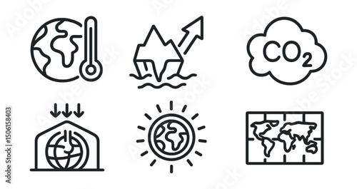 Line style icons of climate vocabulary: Earth with thermometer, rising temperature arrow, polar ice melting, CO2 cloud icon, greenhouse gas symbol, warming planet badge, climate heat map, global