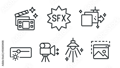 Line style icons of entertainment and media: cinematic effects icon, special FX badge, visual transition tag, dramatic lighting symbol, mood setting slider, camera motion sketch, post-production