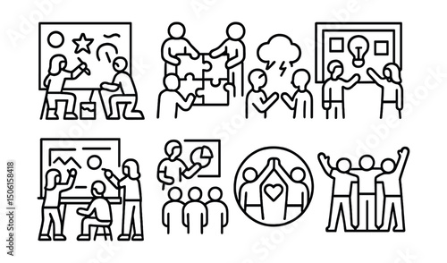 Line style icons of creative learning in school: collaborative mural painting, class puzzle icon, peer brainstorming cloud, idea wall symbol, team sketch board, student-led session icon, create