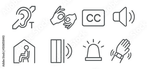 Line style icons of inclusive environments: hearing loop system icon, sign language interpreter symbol, captioned video badge, sound amplification device, quiet space room, noise-reducing panel icon,