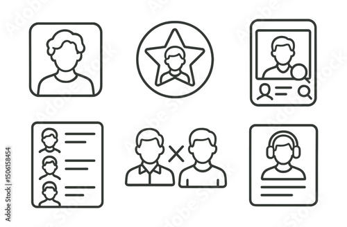 Line style icons of entertainment and media: character collection icon, favorites by cast badge, explore actor roles screen, filmography list layout, actor crossover symbol, voice actor info card.