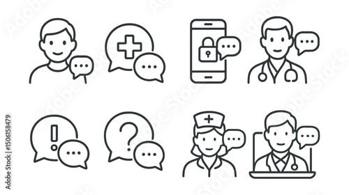 Line style icons of healthcare technology: patient chat icon, medical conversation bubble, secure messaging screen, doctor reply thread, health concern message, care question chat, nurse follow-up