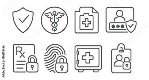 Line style icons of healthcare technology: security shield icon, HIPAA badge, encrypted health data, 2FA login for patient, secure prescription access, biometric health lock, private record vault,
