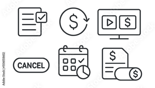 Line style icons of personal finance: subscription manager icon, recurring services tracker, streaming + billing screen, cancel subscription button, renewal date calendar, monthly plan overview, auto