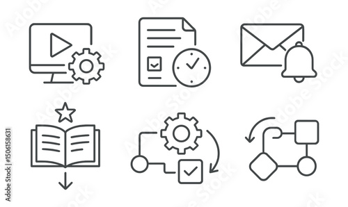 Line style icons of online education: lesson automation icon, auto-release module, timed quiz start, email reminder for course, triggered event icon, logic for learning path, set and forget system,