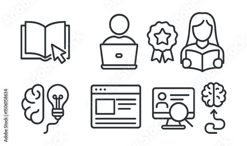 Line style icons of online education: open book with cursor, student learning icon, new skill badge, focused reading panel, brain and lightbulb, lesson page view, discover mode icon, deep learning