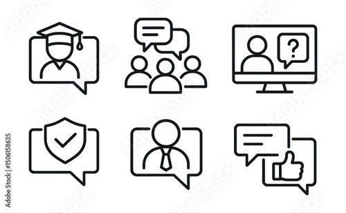 Line style icons of online education: student chat bubble, group discussion thread, class Q&A icon, live chat during lesson, moderated forum badge, tutor response icon, reaction in message, reply
