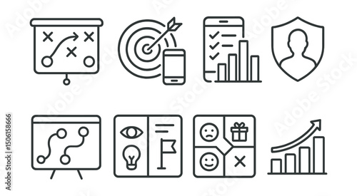 Line style icons of mobile app development: strategy chart icon, development goal alignment, phased rollout plan, audience targeting badge, product roadmap layout, vision and mission board, value