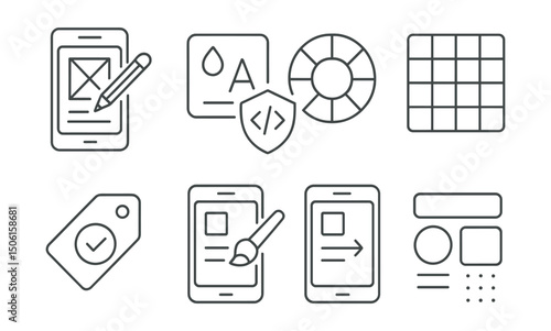 Line style icons of mobile app development: UI/UX design tools icon, color and type selector, spacing ruler badge, component grid icon, visual consistency tag, mobile theme guide, prototype preview