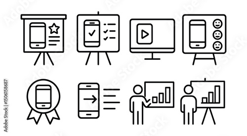 Line style icons of mobile app development: app presentation deck, feature overview slide, demo walk-through icon, benefits slide layout, pitch visuals badge, product tour screen, investor deck icon,