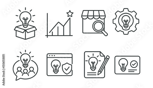 Line style icons of e-commerce: product idea icon, lightbulb over box, trending product concept, marketplace niche finder, idea to MVP badge, crowd insight bubble, innovation sketch icon, idea