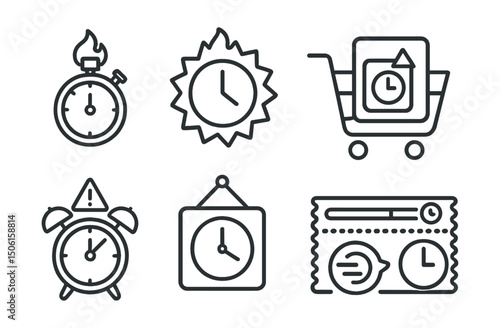 Line style icons of e-commerce: countdown deadline timer, limited-time offer icon, last-minute deal badge, cart countdown screen, shipping deadline alert, order closing time, flash deal ticker, promo