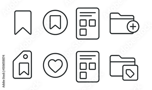 Line style icons of social media and communication: saved content icon, bookmark post badge, organize saved items screen, create collection folder, tag saved media icon, favorite for later badge,