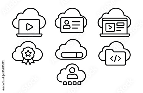 Line style icons of cloud computing: learning module in cloud, knowledge base card, training course in dashboard, certification badge in portal, microlearning progress bar, tech tutorial folder,