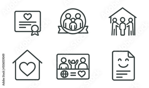 Line style icons of family and relationships: adoption certificate icon, new family badge, foster care support icon, welcoming child home, open heart house symbol, love without borders card,