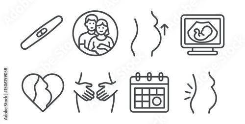 Line style icons of family and relationships: pregnancy test icon, expecting couple badge, growing belly symbol, ultrasound screen view, prenatal care heart, hands on belly gesture, pregnancy