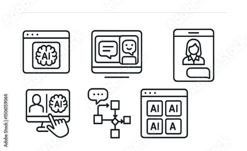 Line style icons of artificial intelligence: intelligent UI interface, chatbot widget layout, virtual assistant frame, human-machine interaction screen, response feedback flow, UI for AI modules, AI