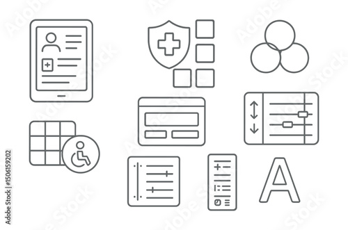 Line style icons of healthcare technology: UI design system for EHR, modular elements badge, health color palette icon, accessible interface grid, responsive layout frame, spacing tool panel, font