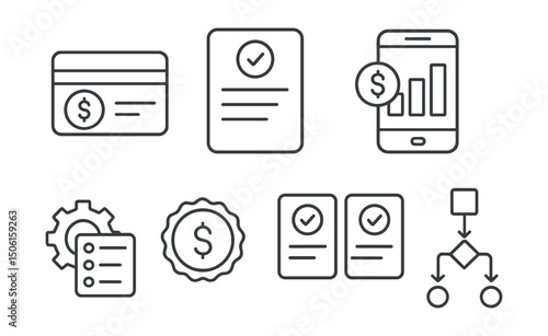 Line style icons of personal finance: finance product card, subscription plan icon, pricing tier screen, tool feature breakdown, one-time service badge, smart product comparison, purchase decision