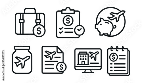 Line style icons of personal finance: travel budgeting icon, trip expense planner, savings for vacation badge, travel fund jar, itinerary with cost layout, hotel and flight tracker, daily travel
