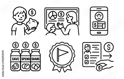 Line style icons of personal finance: child budgeting icon, parent-child finance dashboard, allowance tracker screen, save/spend/share jars, kids’ goal badge, family finance learning panel,